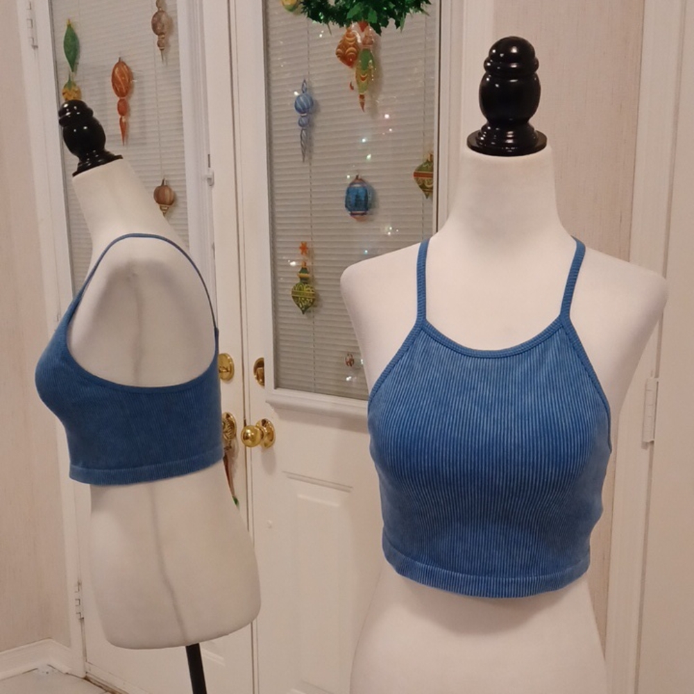 4/$60 Blue Ribbed Women's Crop Tank Top - Fits Size XS